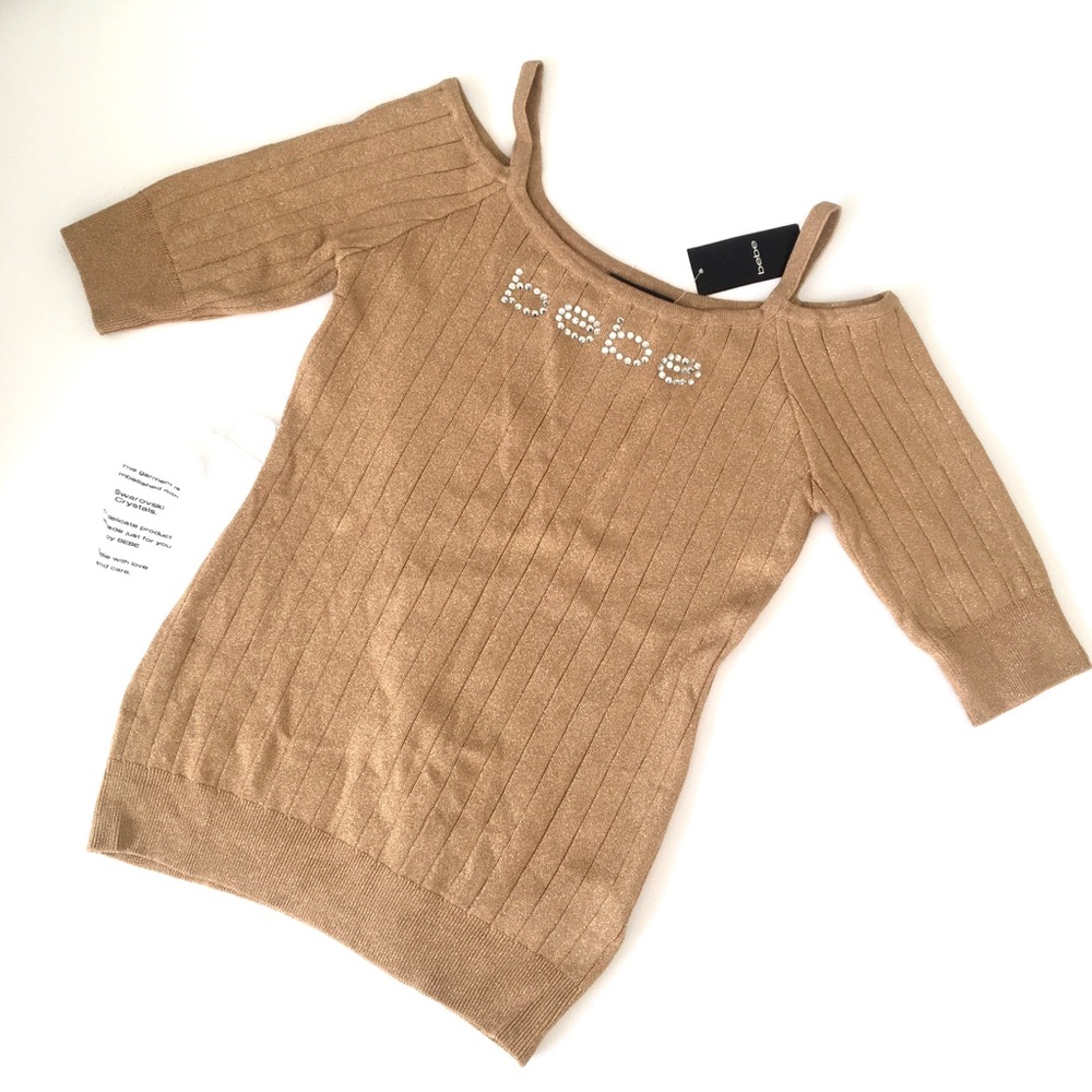 💛 Bebe gold Metallic shimmer off shoulder Swarovski crystal Knit top Y2K size L